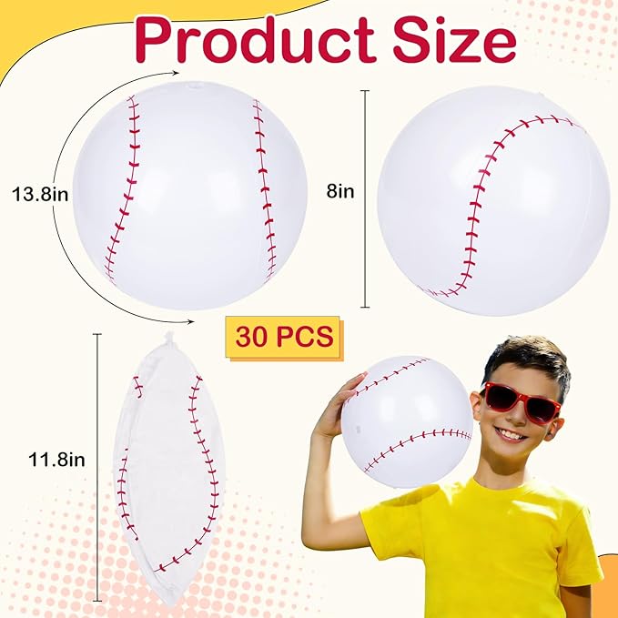 30 Pieces Inflatable Baseball Beach Balls, 8 Inch PVC Blow Up Beach Ball Bulk for Summer Pool Float Party, Sports Themed Decorations, Beach Games, Birthday Party Favors, Easy to Inflate