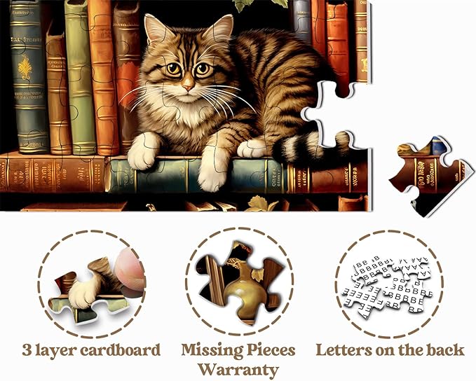 Vintage Cat Puzzles for Adults 1000 Pieces, Funny Kitten Book Jigsaw Puzzles, Retro Cat Bookshelf Animal Puzzle as Kitty Decor