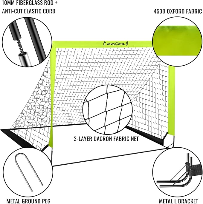 VavaCava 4'x3' Size Portable Soccer Goals Set for Backyard Fun, 2 Nets, 2 Size 3 Balls, 10 Marker Cones, Pump and Carry Bag, Outdoor Games for Backyard, Beach, Lawn, Kids Soccer Training Equipment