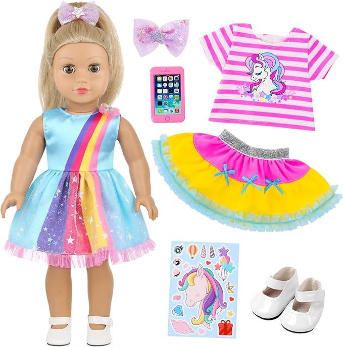 ECORELF 18 Inch Amercian Doll Clothes, 2 Set Girl Doll Clothes and Accessories for 18 Inch Dolls 7 Pcs Include Dress, Hair Clip , Phone, Shoes, Sticker, Top and Mini Skirt
