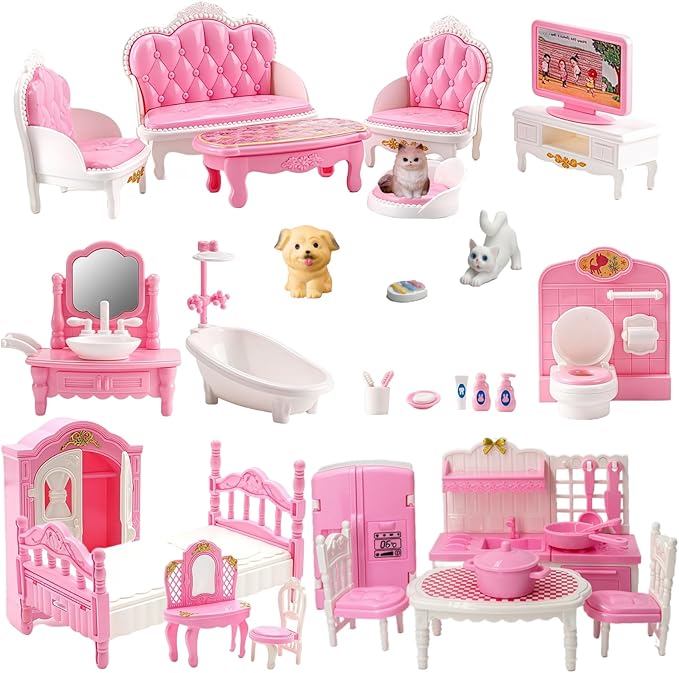 Dollhouse Furniture Set, Complete Room Collection with Kitchen, Dining, Living Room, Bedroom and Bathroom Accessories, Plastic (36-Piece Pink)