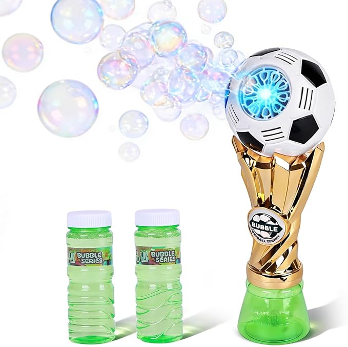 Bubble Machine for Kids – Football Trophy Shape, Automatic Bubble Gun Band with Blue LED Light, Leak-Proof, Includes Bubble Solution, Perfect Outdoor Toy for Toddlers Boys & Girls Ages 3-8