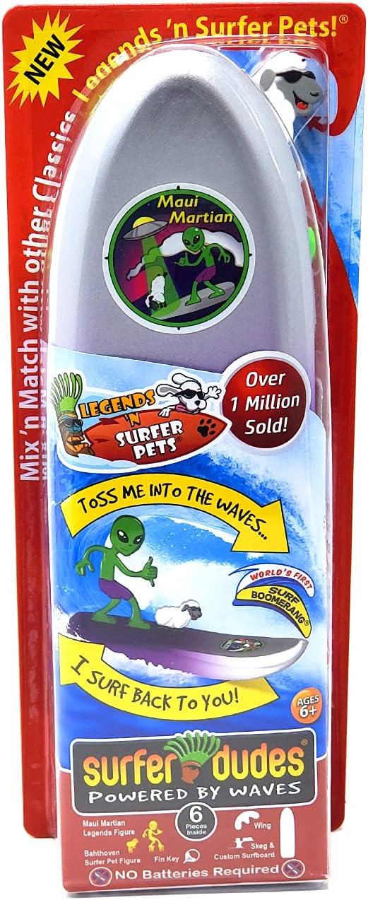 Surfer Dudes Legends & Surfer Pets Wave Powered Mini-Surfer, Pet and Surfboard Beach Toy - Maui Martian and Bahthoven