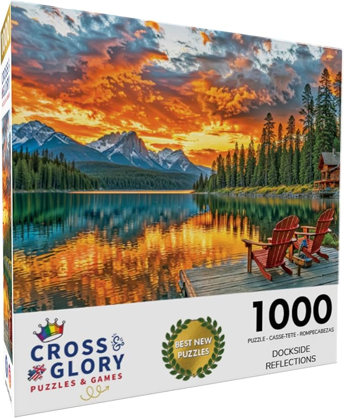 Cross & Glory - Dockside Reflections - 1000 Piece Jigsaw Puzzle for Adults | Tranquil Sunset Lake Scene | Challenging Puzzle for Adults | Eco-Friendly Materials for Nature Lovers