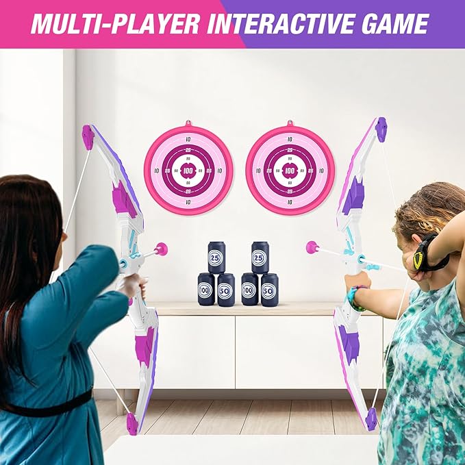2 Pack Bow and Arrow for Kids, LED Light Up Archery Set with 24 Suction Cup Arrows, 2 Hanging Targets, 6 Score Targets & 2 Quiver, Indoor Outdoor Sport Toys for Girls Ages 4-12
