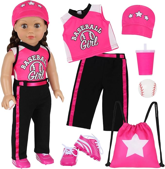 K.T. Fancy Baseball Uniform Doll Outfit-American 18 Inch Doll Clothes and Accessories Set Including Hat, Pink Baseball Jacket, Baseball, Water Bottle, Socks and Trainers, Gifts Set for Girls&Boys