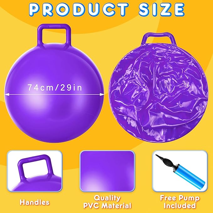Lewtemi 3 Pcs 29 Inch Bouncing Ball with Handle, Outdoors Hopper Jumping Hopping Ball and Air Pump for Sports Exercise (Purple, Green, Orange)