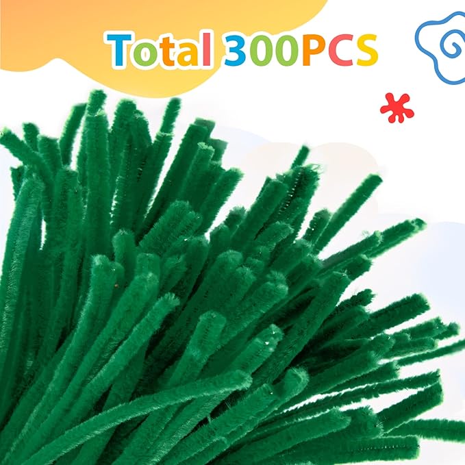 Caydo 300 Pieces Dark Green Pipe Cleaners Craft Supplies Chenille Stems for DIY Craft Projects Easter Decorations, 6mm x 12inch