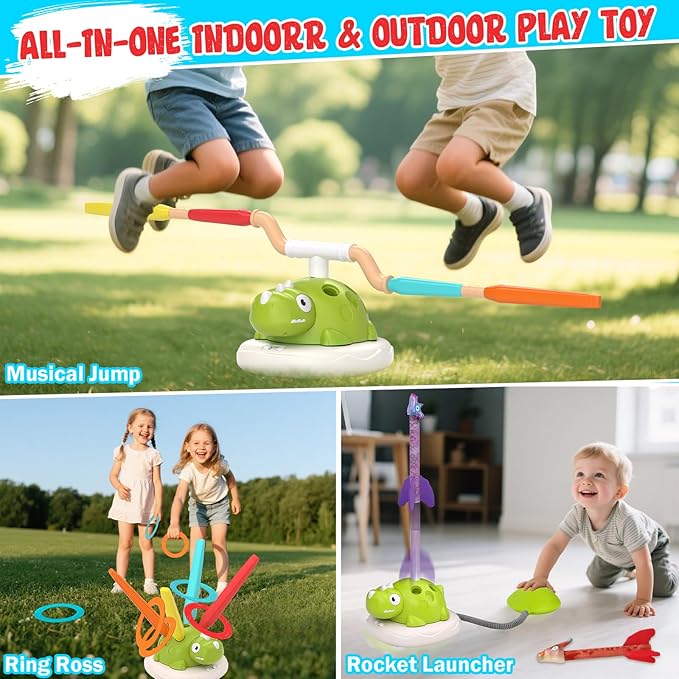 Indoor Outdoor Games for Kids, 3 in 1 Musical Jump, Ring Toss Game & Stomping Rocket Launcher for Kids, Dinosaur Sports & Outside Play Activities Toys with Remote Control for Toddlers 4-8
