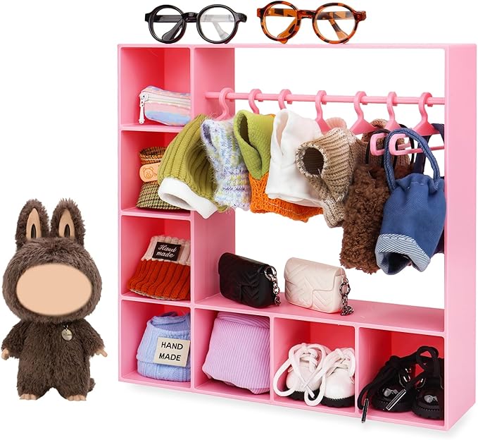 Doll Clothes Closet/Wardrobe Large Plus 10 Hangers, Doll Accessories Display Box, Clothes Storage for Figures, Portable Storage for Fashion Doll Clothes, Gift (Pink)