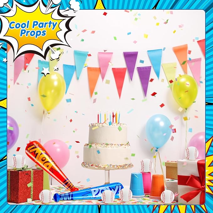 Seematn 16 Sets Inflatable Baseball Bats and Baseballs Set Includes 17 Inch Pow Inflatable Baseball Bats and 2.5 Inch Mini Foam Baseballs for Sports Party Favor Carnival Birthday (Red,Blue)