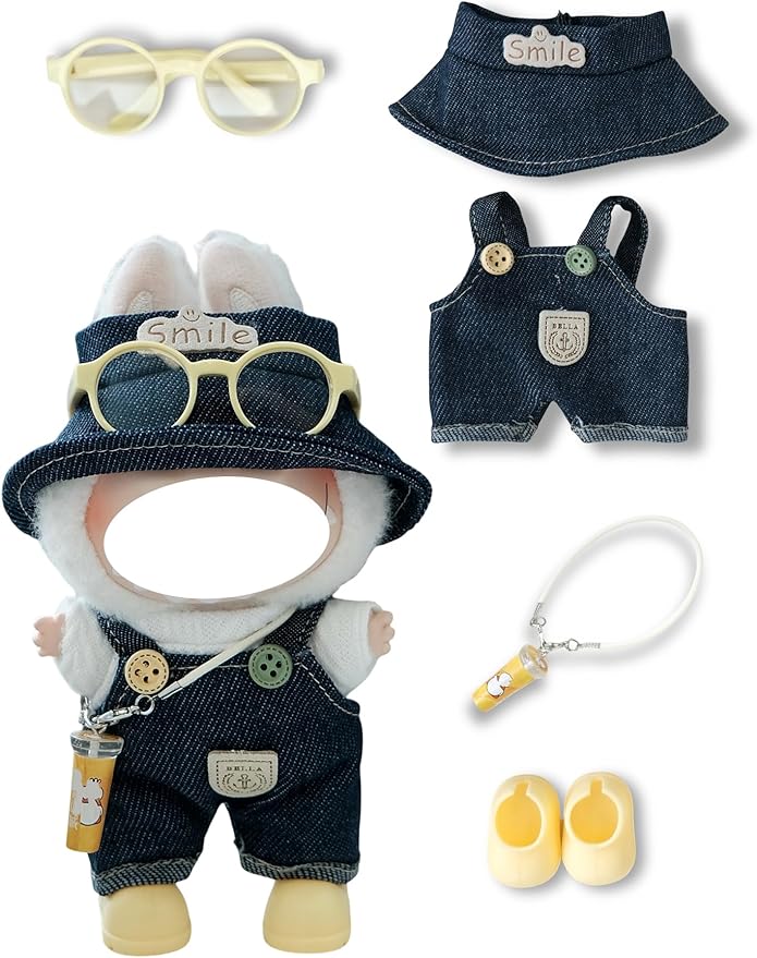 Clothes for 17cm Doll, 5 pcs Set Doll's Outfits Luxury Dress Shirt Pants Headset Shoes Accessories Fashion Stylish Adorable Dolls Clothes (No Doll) (Cheese Jeans Yellow)