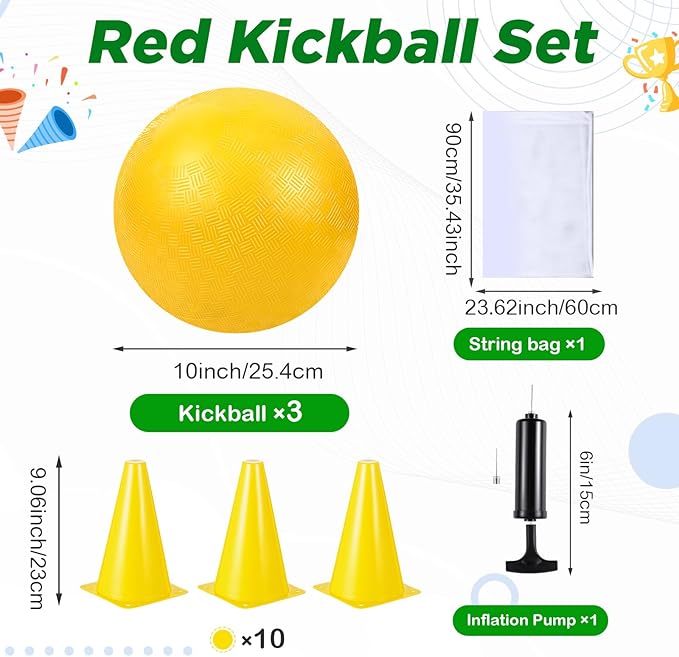 Jenaai 20 Pcs Sports Kickball Set, 3 10'' Playground Ball, 5 Rubber Throw Down Bases, Ball Pump, Net Bag, 10 Foul Line Cones, Kickball All in One Kit for Kids Adults Playground Backyard Game (Yellow)