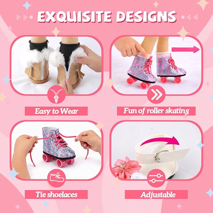 18 inch Doll Accessories, 5 Pairs of Doll Shoes+2 Socks 18” Doll Shoes Includes Snow Boots/Roller Skates/Sandals/Flip-Flops/Dance Shoes/Pink/Black Socks for American Doll Boy or Girl Dolls