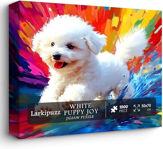 Dog Jigsaw Puzzles 1000 Pieces, Larkipuzz Cute Puppy Puzzles for Adults Bichon Frize, Impossible Gradient Colorful Rainbow Art Theme as Wall Decor