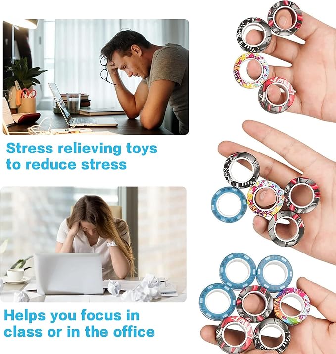 12Pcs Magnetic Rings Fidget Toys Spinner Set Easter Basket Stuffers for Kids Party Favors,Finger Magnet Rings Endless Hours of Fun ADHD Stress Relief Fidget Spinners for Birthday Adults