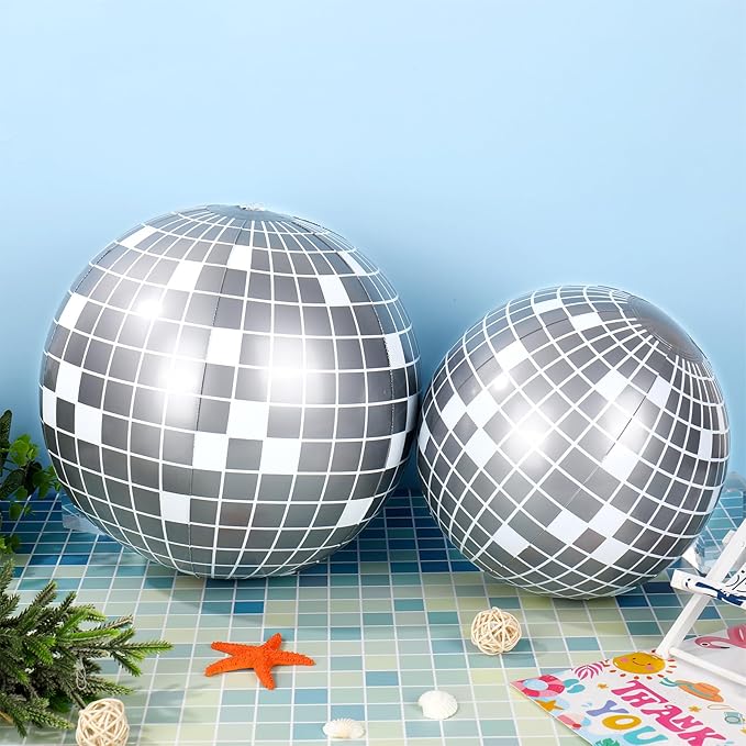 Whaline 5Pcs Inflatable Disco Beach Ball 24 & 16 Inch Round Pool PVC Balls Disco Theme Party Decoration for Indoor Outdoor Summer Beach Sports Theme Party Decor (Silver)