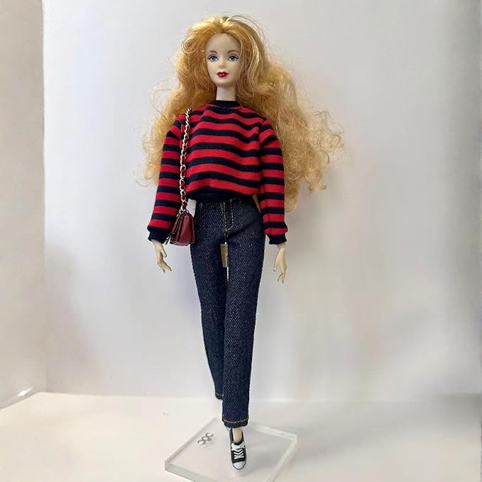 3-Piece Fashion Doll Outfit Set, Sweater with Denim Shorts and Shoes, 11.5 inch Doll or BJD (red Striped)