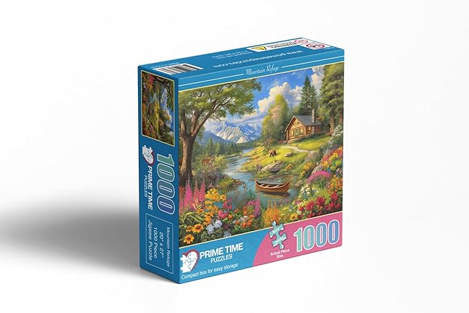 1000 Piece Jigsaw Puzzle for Adults - Log Cabin by a Mountain Lake - Challenging Puzzle - Adult 1000 Piece Puzzle - Wildlife Floral Landscape Scene with Canoe. 20x27 inches