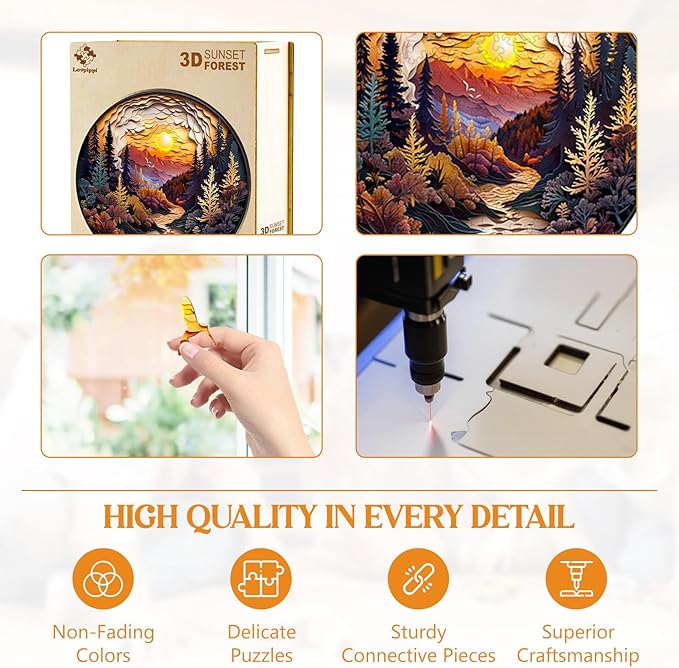 Wooden Puzzles for Adults, 3D Vision Effect-3D Sunset Forest Wood Puzzles Adult, Unique Shaped Wooden Jigsaw Puzzle, Birthday Gifts for Friends/Family/Puzzle Lovers, Home Decor(L-13.4 * 13.4in 300pcs)