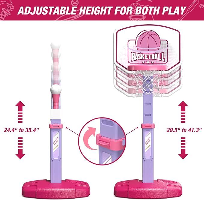 2 in 1 Toddler Basketball Hoop and T Ball Set with Automatic Pitching Machine - Adjustable Height, Kids Basketball Hoop Suit for Indoor/Outdoor, Sport Toys Gifts for Girls Age 3-8, Pink