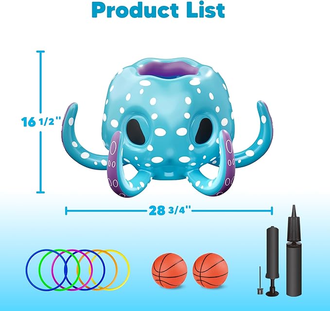Funscape Octopus Pool Toys, 2-in-1 Inflatable Floating Pool Game, Basketball Hoop & Ring Toss Water Game, Outdoor Summer Beach Backyard Play, Cool Family Party Gift 3 4 5 6 7 8 Year Old Boy Girl Child