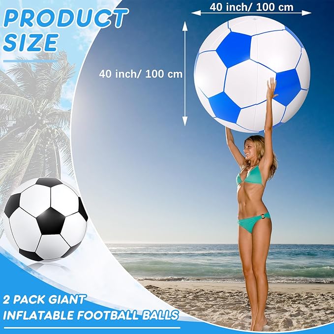 Lewtemi 2 Pcs 40 Inch Giant Inflatable Soccer Ball Large Huge Beach Balloons Oversized Football Sport Birthday Party Decoration Favor Gift Pool Supplies for Outdoor Piñata Activity