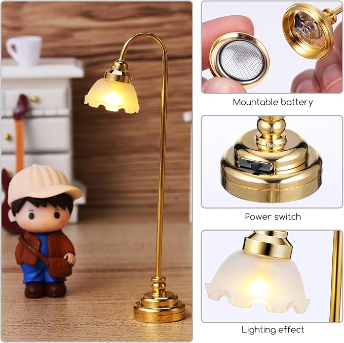 TOYANDONA 2pcs Miniature Dollhouse Lamp, 1/12 Scale Dollhouse Floor Lamp LED Miniature Lights Battery Operated for Doll House Decoration Accessories