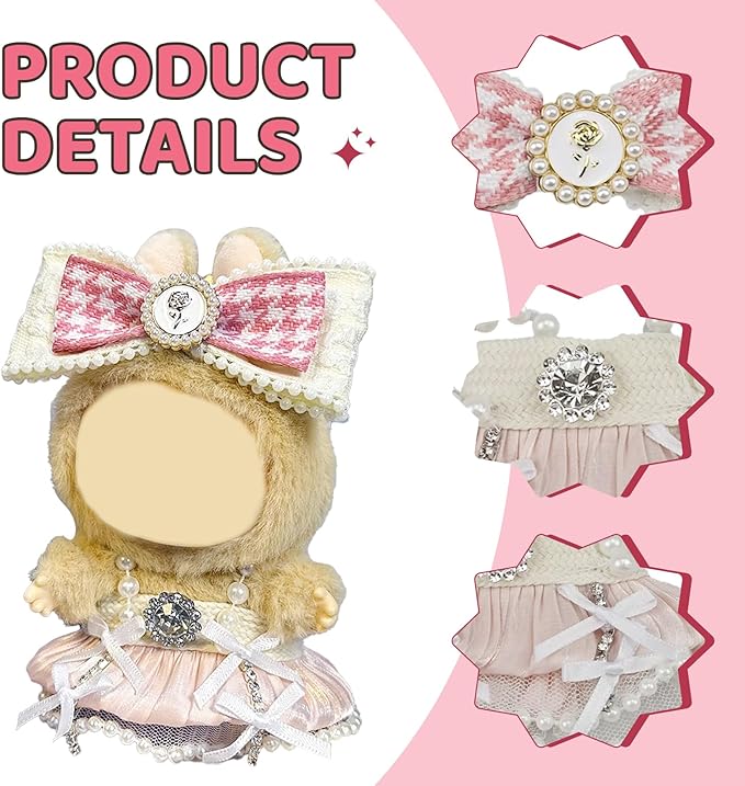 17cm Doll Clothes Set for Labubu – Pink Outfit with Spaghetti Strap Dress & Headband – Designer Clothes for 17cm Sitting or Standing Dolls (No Doll)