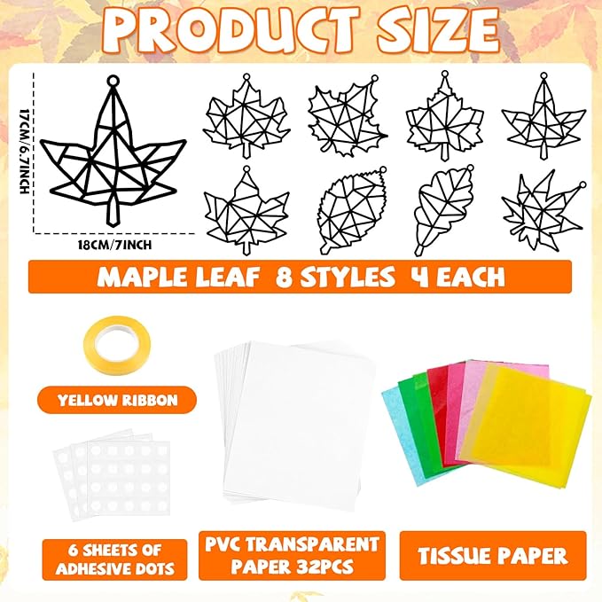 32 Sets Thanksgiving Fall Maple Leaf Suncatchers Craft Kit DIY Window Stained Glass Effect Autumn Maple Leaf Paper Crafts Home School Classroom Decoration Kid Gift Creative Art Project Activity Game