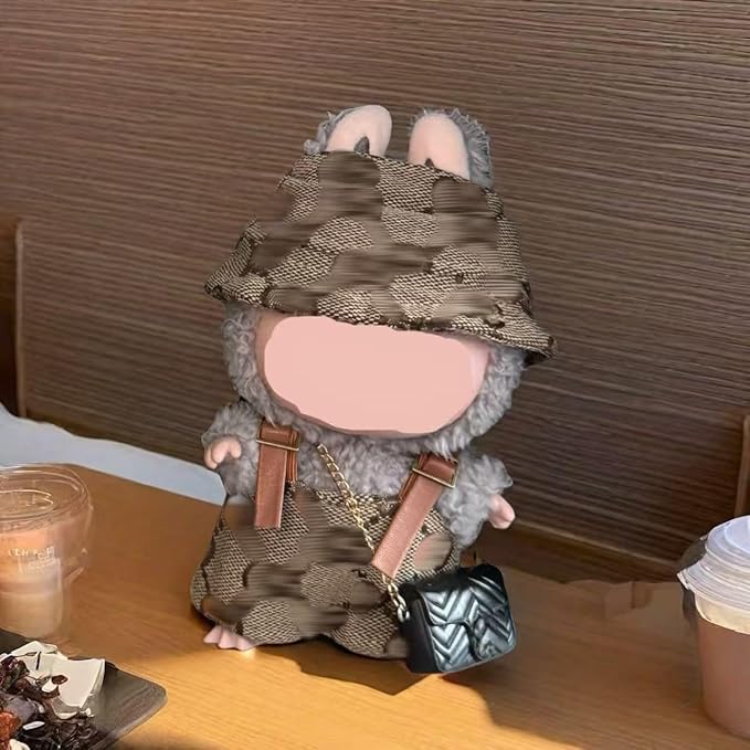 17cm Doll Clothes for lububu ，Clothes Suitable for lububu Dolls Outfits and Accessories Set，Including cl othes + hat + Bag - Brown Doll Clothing Set，Doll not Included (Coffee)