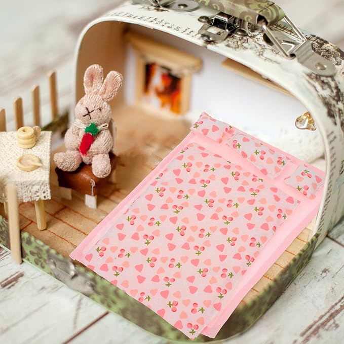 Pink Dollhouse Bedding Set 1:12 Scale Miniature Bedroom Accessories - Includes 1 Quilt, 1 Bed Sheet, 3 Pillows - Soft Fabric Doll House Furniture Accessories for Role-Playing and Mini Decor