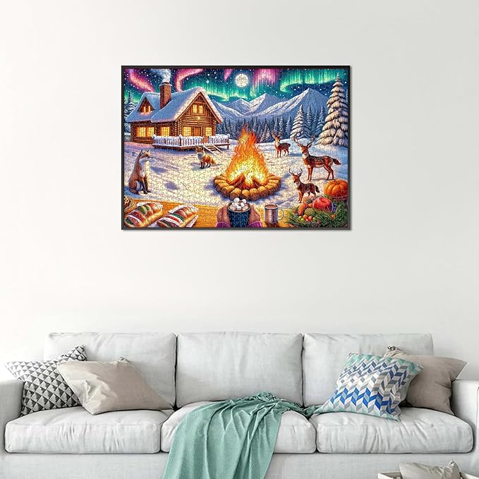 Rocorose Jigsaw Puzzles 1000 Pieces for Adults, Christmas Puzzle Winter Night Bonfire Evening Animal Funny Challenging Large Holiday Puzzles - Snowy Scene, Aurora, Christmas Tree, Fox, Deer