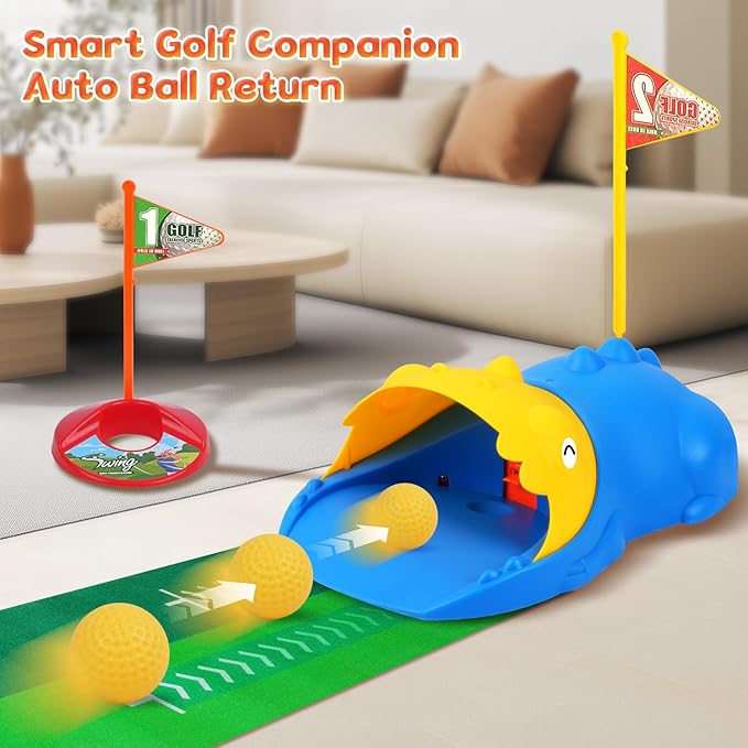PINKPEACH Toddler Golf Set, 3-8 Kids Set with Automatic Ball Return, Mat, Glow Balls, Balls, 3 Clubs & Tees, Indoor & Outdoor Sports Game Toys for 3 4 5 6 7 8 Years Old Boys Girls