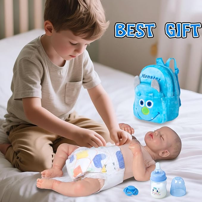 10 Pcs Reborn Baby Doll Diaper Bag Care and Feeding Set for 17-24 inches Reborn Dolls Newborn Baby Accessories with Monster Backpack Diapers Pacifier Bottle Comb