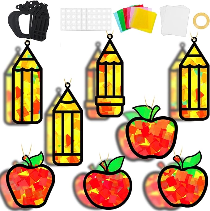 32 Sets Back to School Apple Pencil Suncatchers Craft Kit DIY Window Stained Glass Effect First Day of School Paper Craft Home Classroom Decoration Kid Birthday Gift Creative Art Project Activity Game