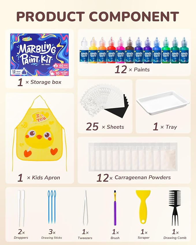 JUPITEARTH 60Pcs Water Marbling Paint Kit, Arts and Crafts for Girls & Boys, Art Supplies for Kids Ages 3-5 4-8 8-12, Marbling Paint for DIY Crafts, Christmas and Birthday Gifts