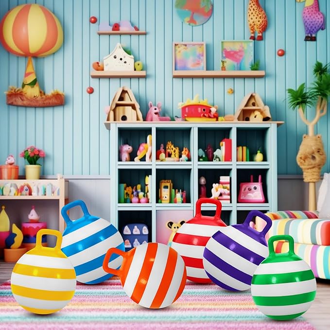 Jerify 6 Pcs 18 Inch Hopper Balls Hopping Jumping Outdoor Bouncy Ball with Handles Carnival Outdoor Games Inflatable Striped Bouncing Ball Ride on Toys for Indoor Sports Exercise
