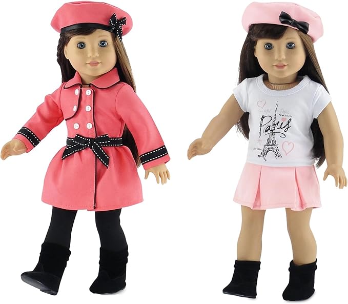 Emily Rose 18" Doll Paris Fashion Bundle - 7-Piece Chic Travel Outfit Set with Coat, Beret Hats, Graphic Tee & Ankle Boots - Gift Boxed French Style Clothes Compatible with American Girl Dolls
