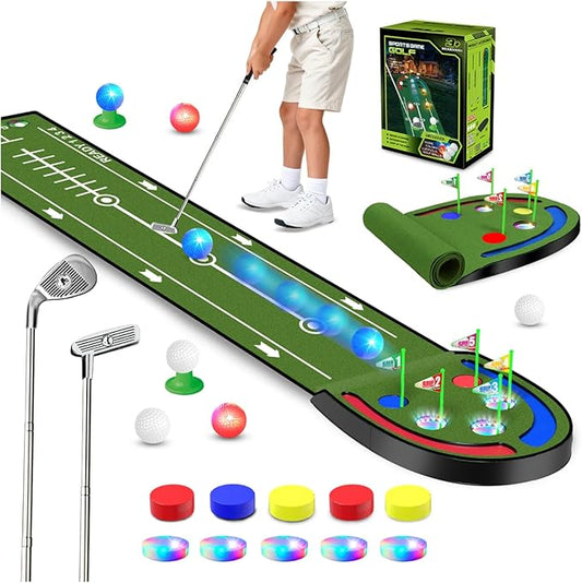 VATOS Upgraded Golf Putting Mat Indoor for kids - Golf Game Set with LED Balls, Glow Cups, Irons & Putters, Portable Putting Green Outdoor for Home Backyard Office Party, Golfing Gifts for Kids Adults