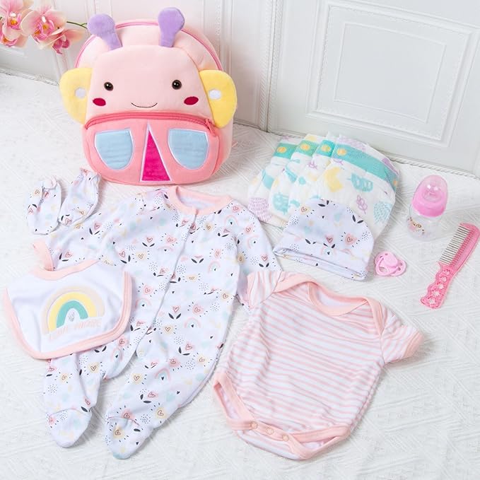 13 Pcs Reborn Baby Dolls Clothes Girl Rainbow and Flowers Outfit Accessories for 17-22 Inch Newborn Baby Doll Girl with Pink Butterfly Backpack
