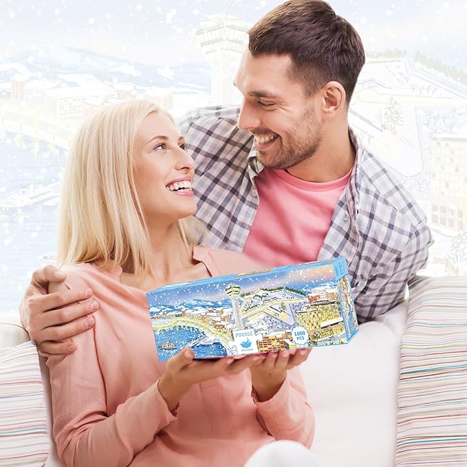 MOMIBOOK 1000 Piece Puzzle for Adults Jigsaw Puzzles of Winter in Hakodate, Twinkle Laminate Winter Town Painting Image Challenging Hard Impossible Puzzle Unique Party Christmas Birthday Gifts