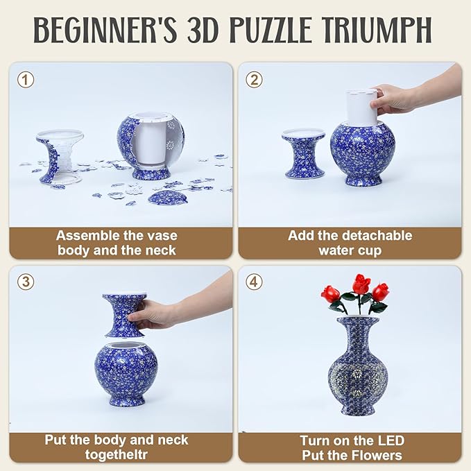 3D Puzzles Vase for Adults, 200 Pieces Plastic DIY Unique Flower Vase with LED Light House Warming Gift Birthday Gifts for Flower Arrangements and Home Decor (C-Midnight Blue Blossom)