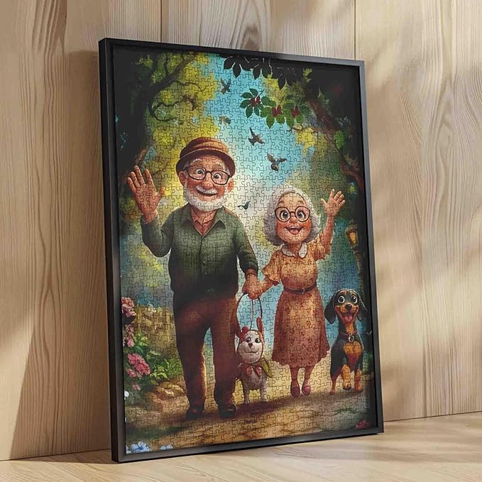 Old Man and Old Woman 1000 Piece Jigsaw Puzzles for Adults Couple Walking Painting Jigsaw Puzzle Cute Animal Dog 1000 Pieces Puzzles 20''x27”inch DIY Craft Puzzle Art Wall Decor Family Challengings