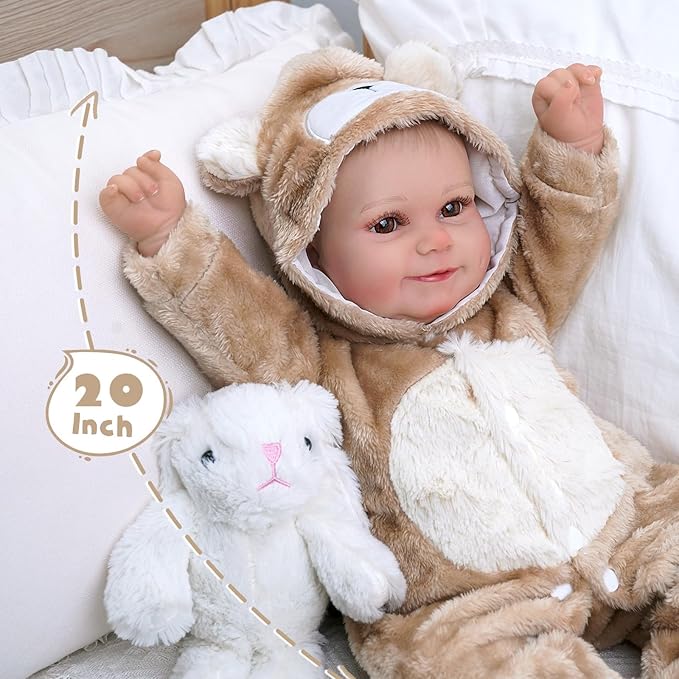 BABESIDE Reborn Baby Doll Clothes Set for 17-22 Inch Dolls Accessories, Cute Bear Baby Doll Clothes with Hat for Realistic Baby Dolls Girls & Boys, Khaki
