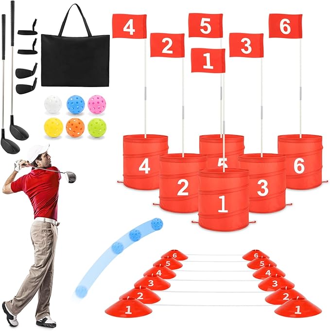 deAO Golf Yard Game Backyard Games for Kids Adults, Portable 6 Holes Golf Course with Balls and Flag,Family Gifts for Outdoor Indoor,Lawn, Park, Beach, Camping, Hotel (Red)