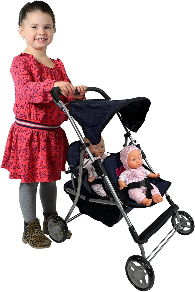 The New York Doll Collection First Twin Stroller - Cutest Heart Design Baby Strollers Great Toy Gift for Toddlers and Girls (Denim) Blue,pink