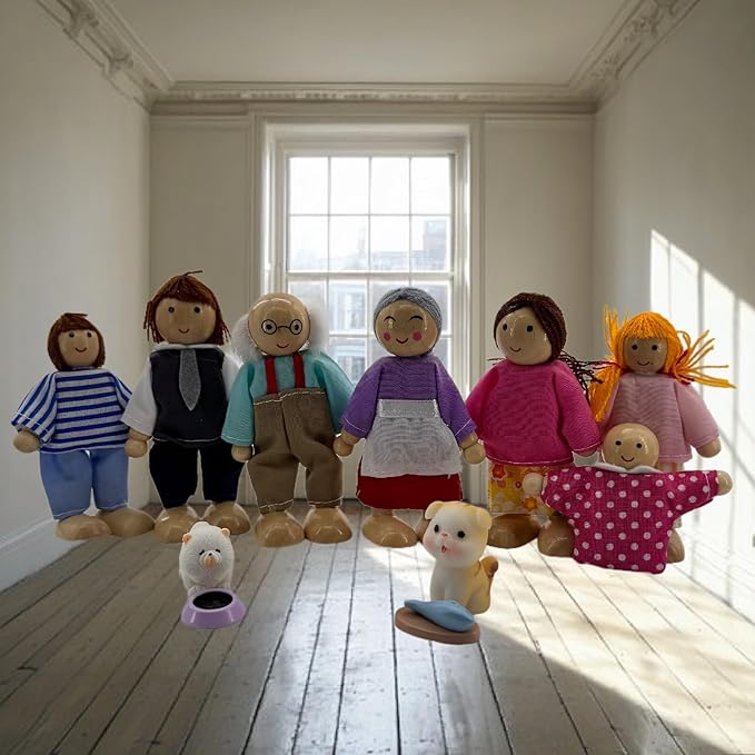 12 Pieces Wooden Dollhouse Family Set with Dog Cat Mini People Figures Dollhouse Dolls Wooden Doll Family Pretend Play Figures Accessories for Pretend Dollhouse(Style 2)