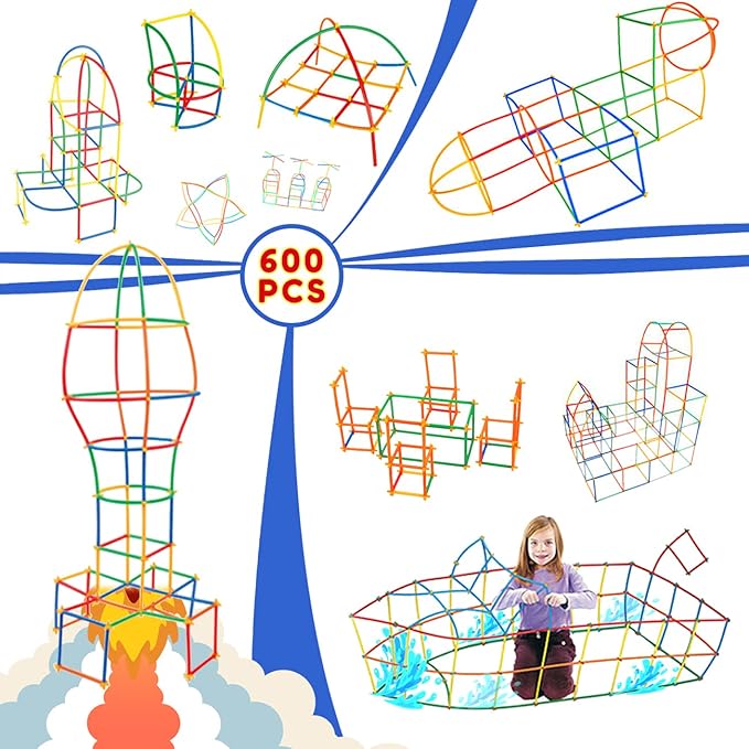 Ggiibro Straw Constructor Toys 600Pcs STEM Building Toy Interlocking Plastic Engineering Thin Tube Blocks Educational Kit for 3 4 5 6 7years Kids Boys and Girls Gift Preschool Toy with Storage Box