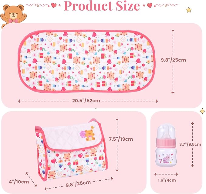 BABESIDE 6 Pcs Reborn Baby Doll Accessories Set for 17-22 Inch Dolls, Feeding & Diaper Bag Play Set with Bib, Bottle, Diapers & Changing Pad, Toy Gift for Girls (Doll Not Included)